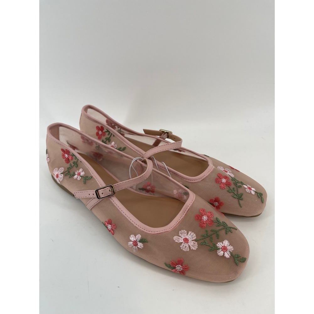 Wild Fable Mary Jane Flats Women 9.5 Pink New Floral Mesh Embroidered